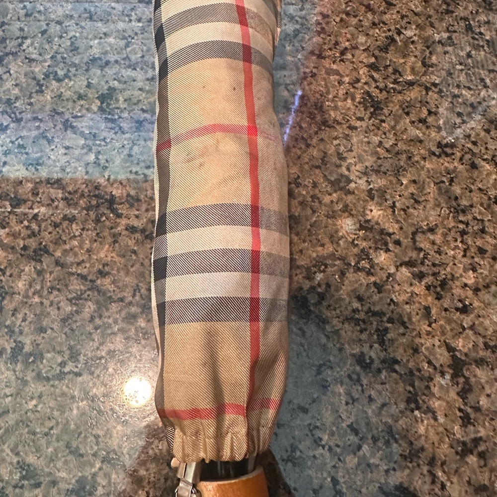 Burberrys Plaid Umbrella with Wooden Handle